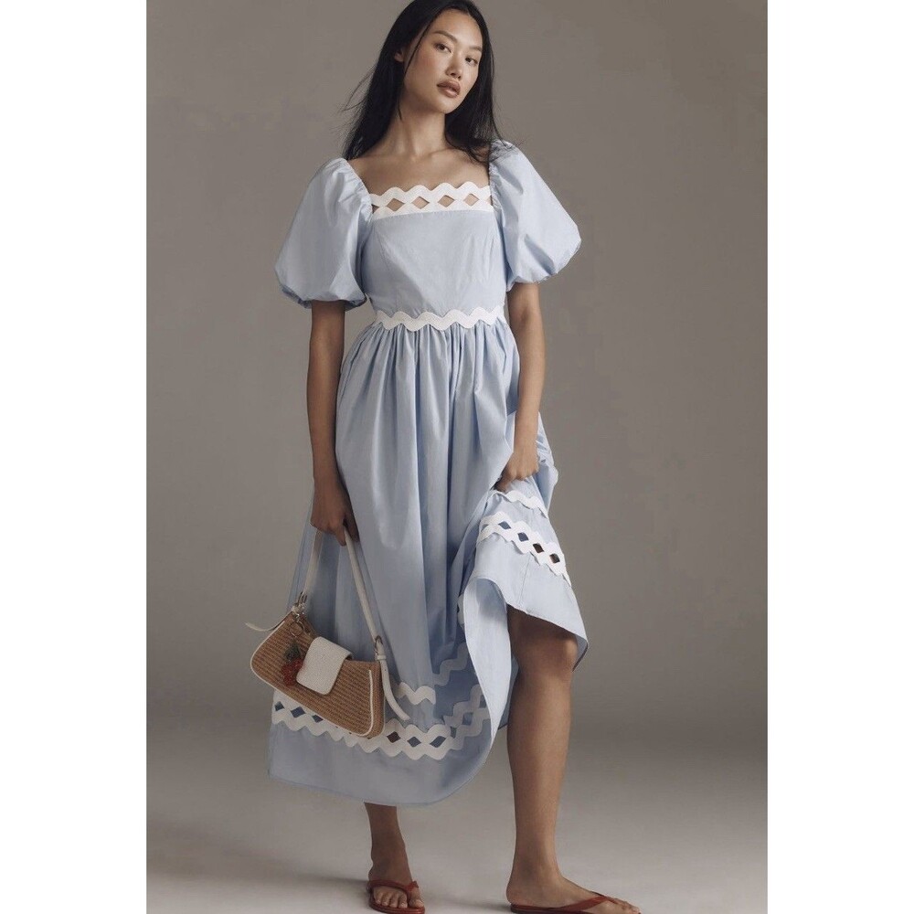 Anthropologie English Factory Rickrack Puff Sleeve Midi Dress Sz XS Blue